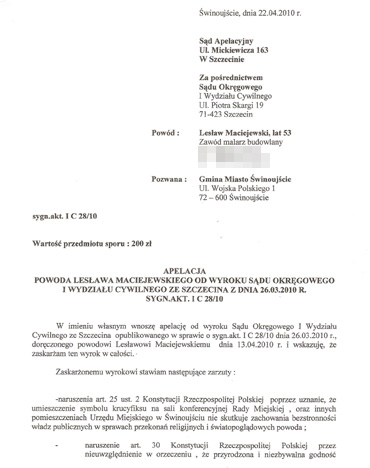 Lesaw Maciejewski nadal walczy o zdjcie krzya z sali obrad rady miasta