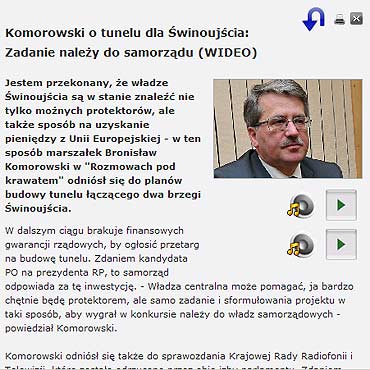 Komorowski o tunelu dla winoujcia: Zadanie naley do samorzdu