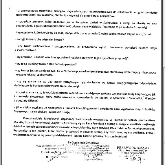 List otwarty zwi±zków zawodowych MSR Gryfia do premiera