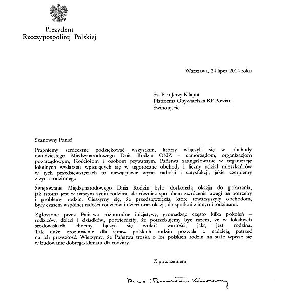 Podzikowania Prezydenta RP Bronisawa Komorowskiego za VII Festyn Rodzinny