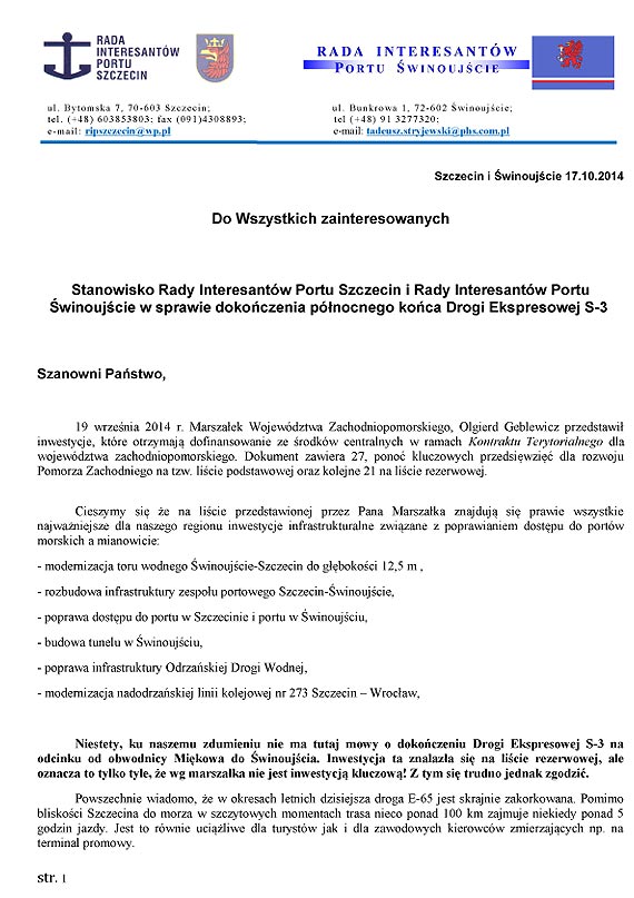Stanowisko w sprawie dokoczenia budowy drogi ekspresowej S-3