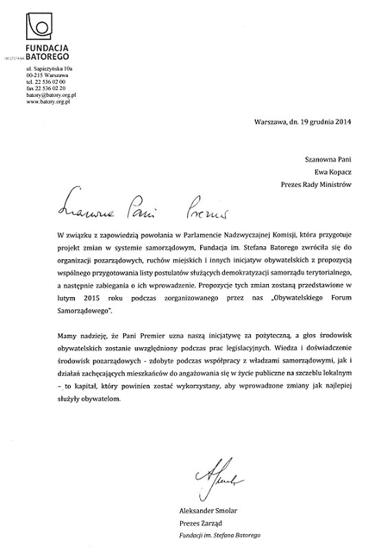 List do Premier Ewy Kopacz oraz marszałka Sejmu Radosława Sikorskiego