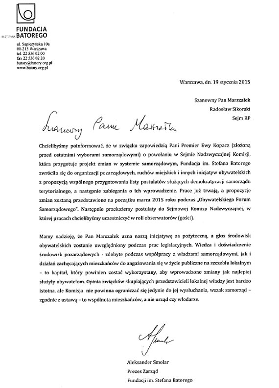 List do Premier Ewy Kopacz oraz marszałka Sejmu Radosława Sikorskiego