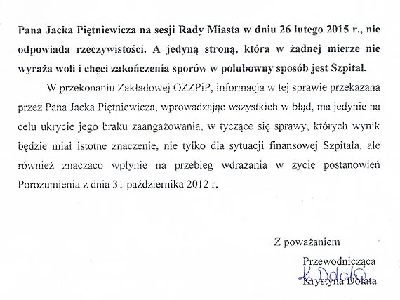 Krystyna Dolata: Dyrektor szpitala ukrywa brak zaangażowania