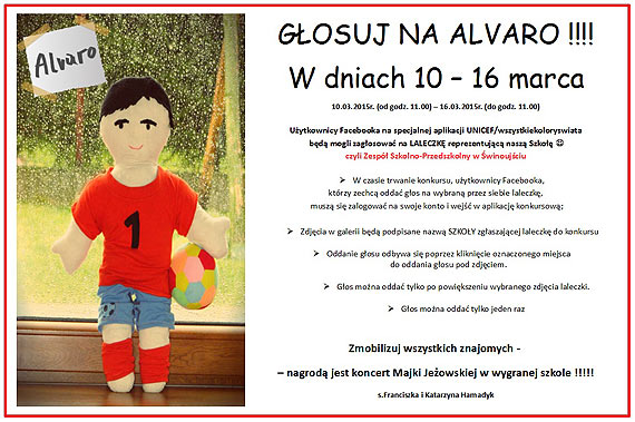 Głosuj na Alvaro. W akcji organizowanej przez UNICEF udział wzięła świnoujska szkoła