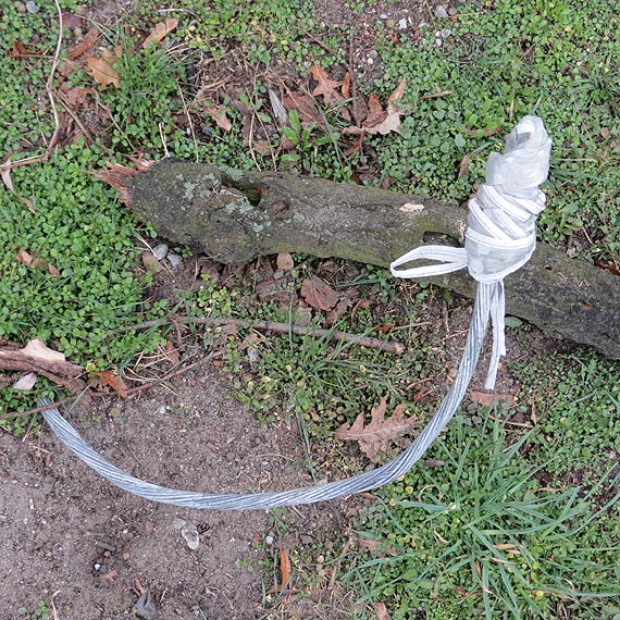 Wystający z ziemi przewód elektryczny. Lepiej nie dotykać!