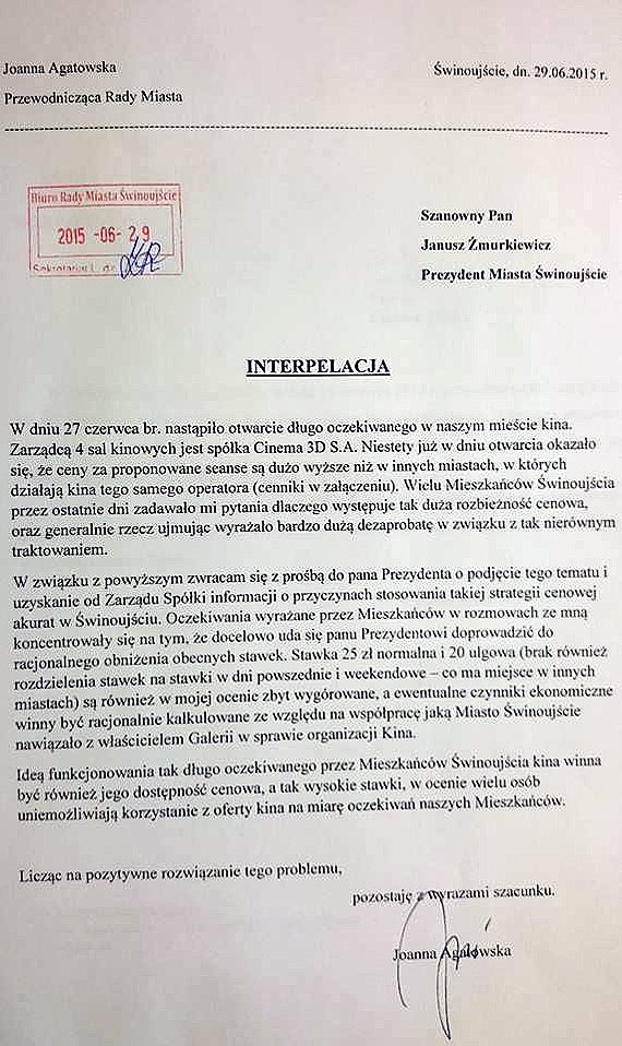 Kino Cinema 3D zdziera pieniądze ze Świnoujścian? Agatowska złożyła interpelacje w tej sprawie!
