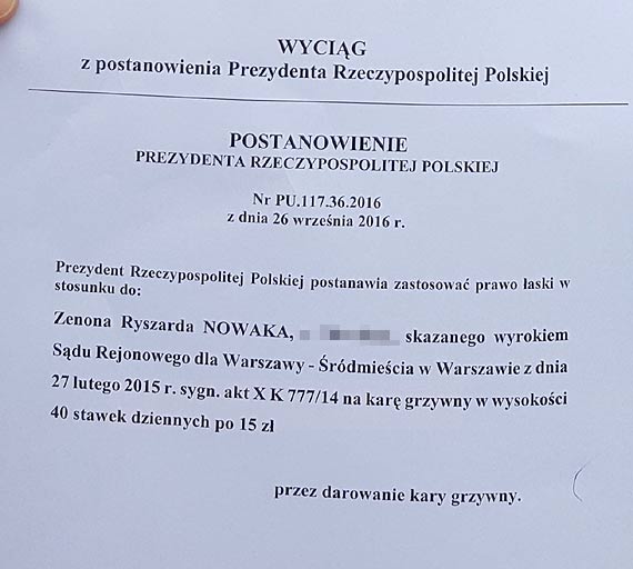 Zenon Nowak: Zostaem uaskawiony przez Prezydenta Andrzeja Dud!