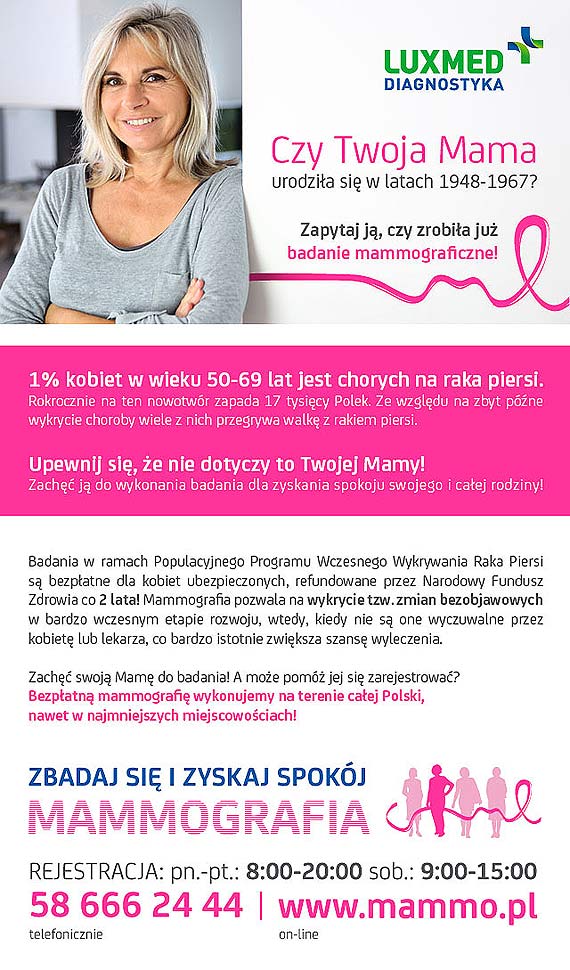 Masz 50-69 lat? Zrobia ju mammografi? W winoujciu bezpatne badania odbd si 6 i 7 listopada