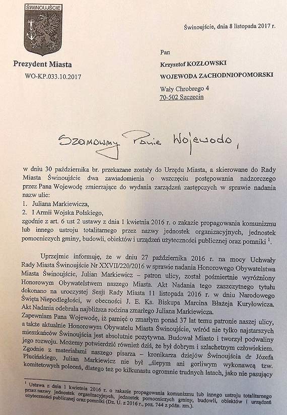 Prezydent Janusz murkiewicz pisze do Wojewody Zachodniopomorskiego w sprawie zmiany nazw ulic