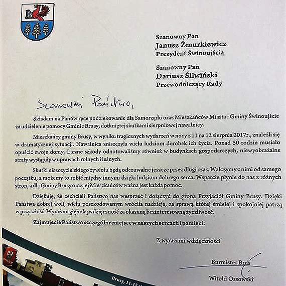 Burmistrz Gminy Brusy dzikuje winoujcianom