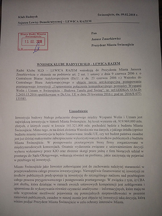  Najwiksza inwestycja w historii winoujcia pod lup CBA? SLD zoyo wniosek do prezydenta miasta w sprawie tunelu!