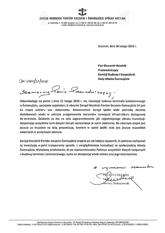 Po pimie radnego Sawomira Nowickiego. Jest odpowied w sprawie portu kontenerowego