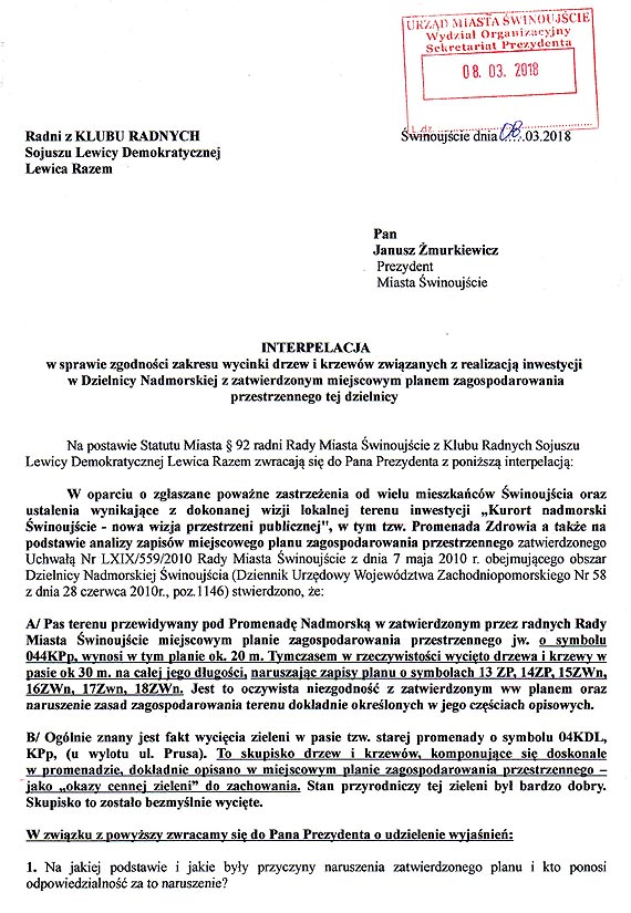 Radni SLD zoyli interpelacj w sprawie wycinki 