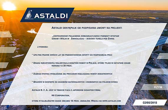 Włoska firma Astaldi nie zbuduje tunelu łączącego wyspy Uznam i Wolin