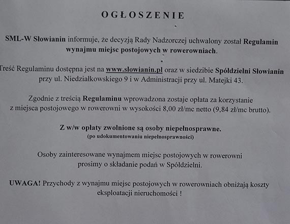 Rowerownia przy Kujawskiej 2 tylko za odpatnoci!