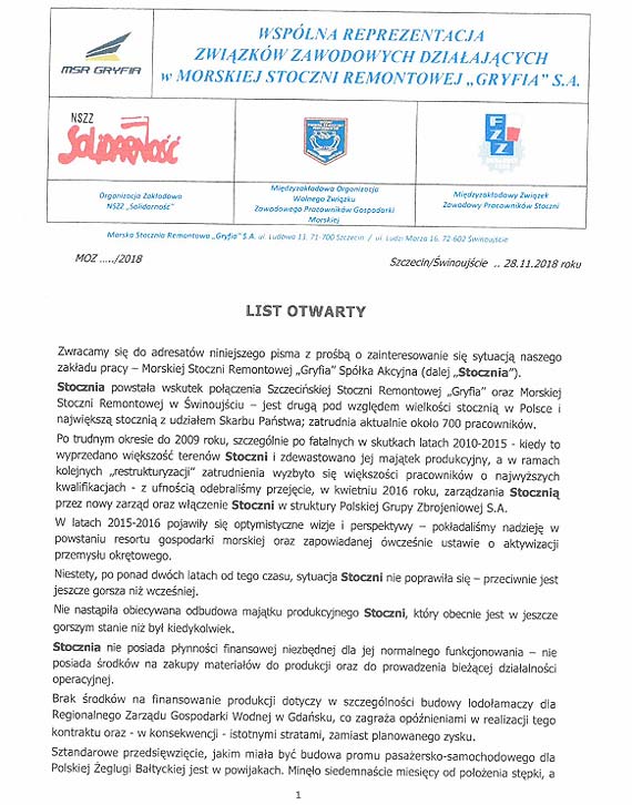 Pracownicy Morskiej Stoczni Remontowej „Gryfia” S.A. walcz o swoje miejsce pracy