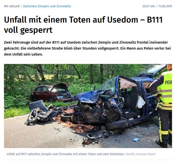 W wypadku midzy Zempin a Zinnowitz zgin kierowca z Polski 