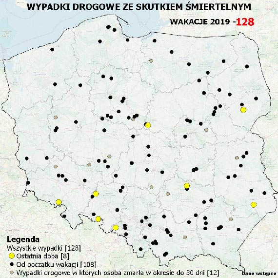 Mapa wypadkw drogowych ze skutkiem miertelnym – WAKACJE 2019