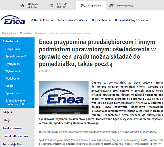 Enea przypomina przedsibiorcom i innym podmiotom uprawnionym: owiadczenia w sprawie cen prdu mona skada do poniedziaku, take poczt