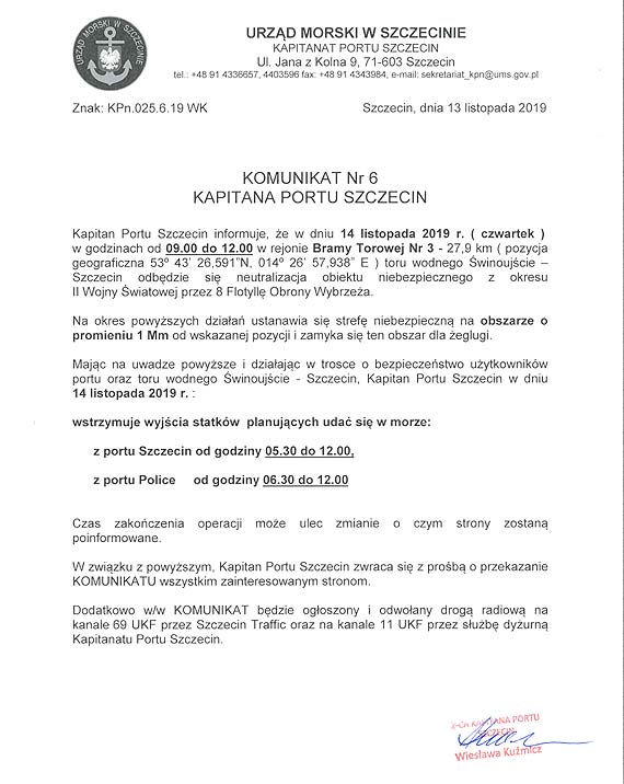Komunikat Nr 6 Kapitana Portu Szczecin