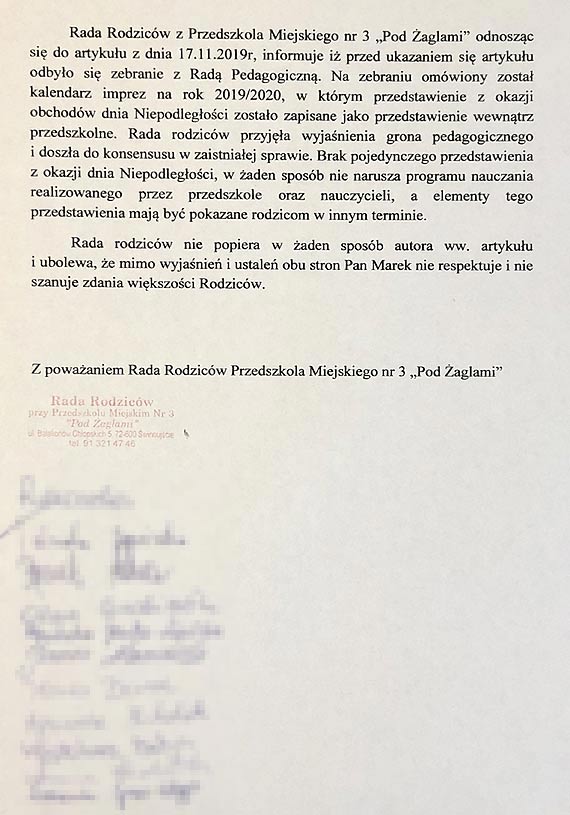 Rada Rodzicw z Przedszkola Pod aglami wcale nie liczya na przedstawienie z okazji Dnia Niepodlegoci