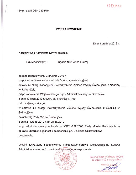 Stowarzyszenie Zielone Wyspy winoujcie wygrao batali z Gmin Miasto winoujcie w Naczelnym Sdzie Administracyjnym w Warszawie