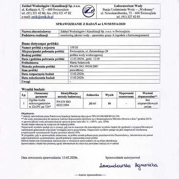 ZWiK. Wyniki badania prbek wody