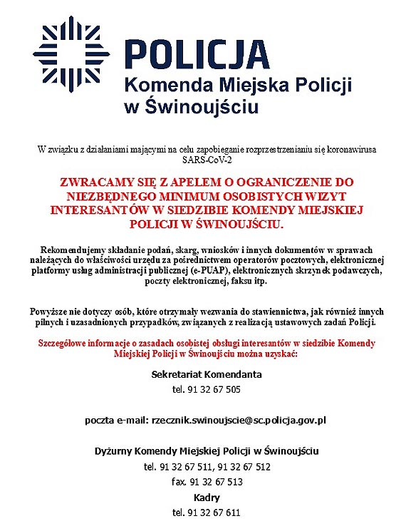  Prosimy zapozna si z informacj dotyczc wizyt interesantw w siedzibie Komendy Miejskiej Policji w winoujciu