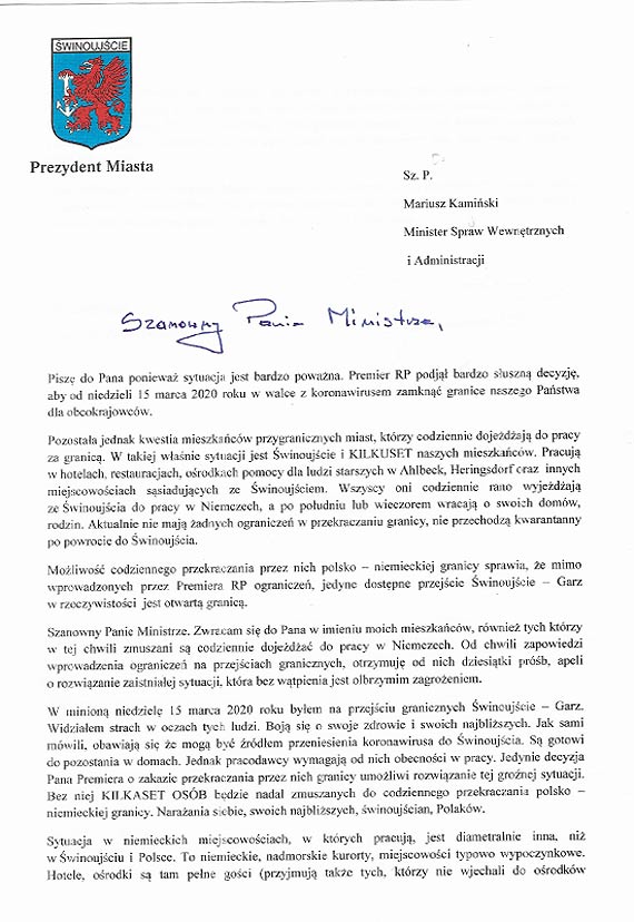 Prezydent winoujcia upomnia si o mieszkacw pracujcych w Niemczech. Znamy apel prezydenta do Ministra