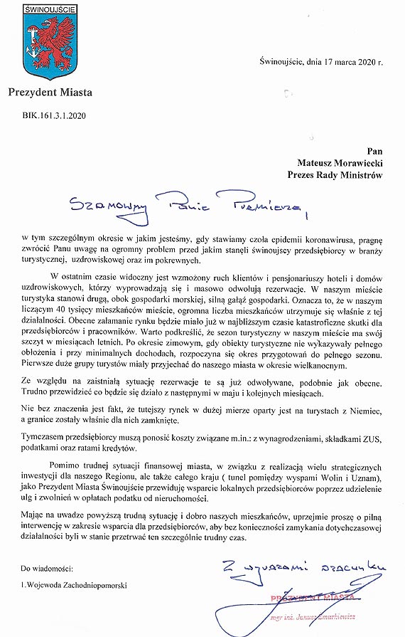 List Prezydenta Miasta winoujcie ws. pomocy dla brany turystycznej i uzdrowiskowej w sytuacji epidemii