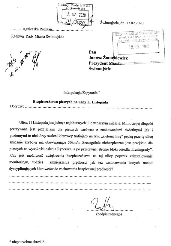 Niebezpieczna ulica - kolejna radna apeluje do prezydenta