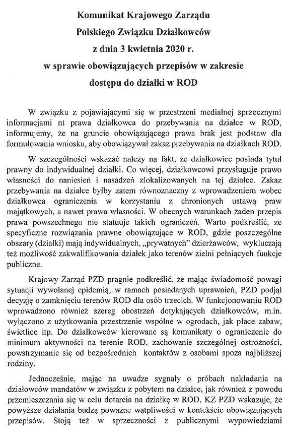 Zarzd PZD do dziakowcw: nie moemy zakaza wejcia na dziaki ale prosimy: zostacie w domu!