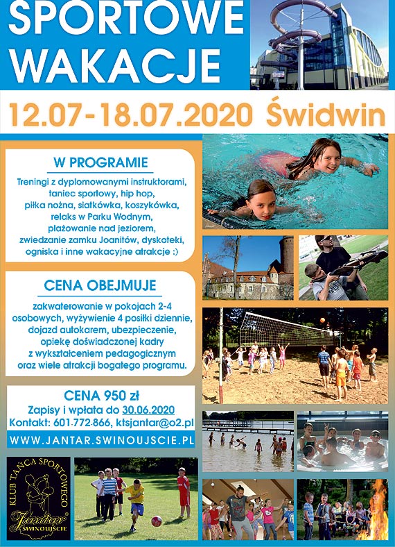 Klub Tańca Sportowego JANTAR zaprasza na: Sportowe wakacje 12-18.07.2020 Świdwin