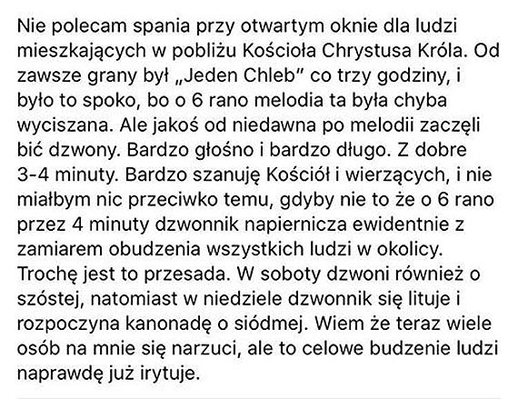Mieszkaniec: Kocielne dzwony budz rano okolicznych mieszkacw