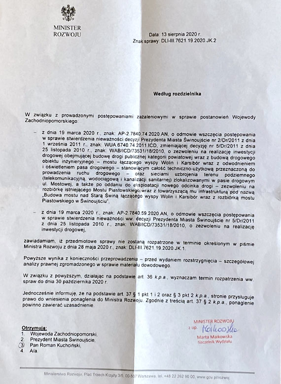 Sprawa Mostu Piastowskiego do Karsiborza jeszcze nie zakoczona. Ministerstwo Rozwoju interesuje si tematem