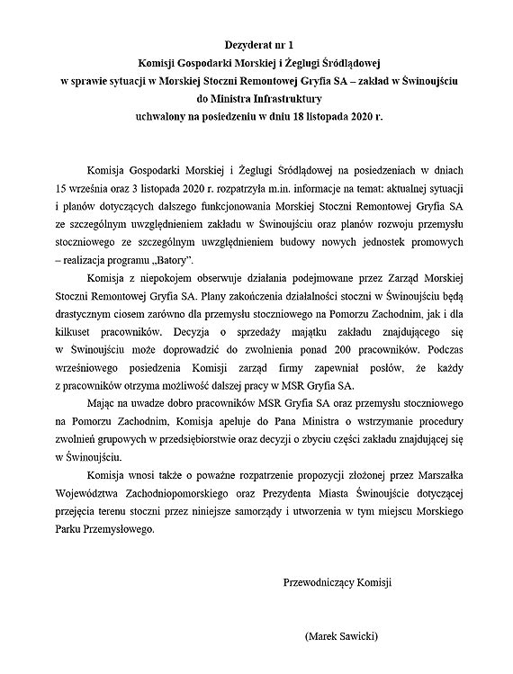 Dezyderat przyjęty przez sejmową komisje Gospodarki Morskiej i Żeglugi Śródlądowej