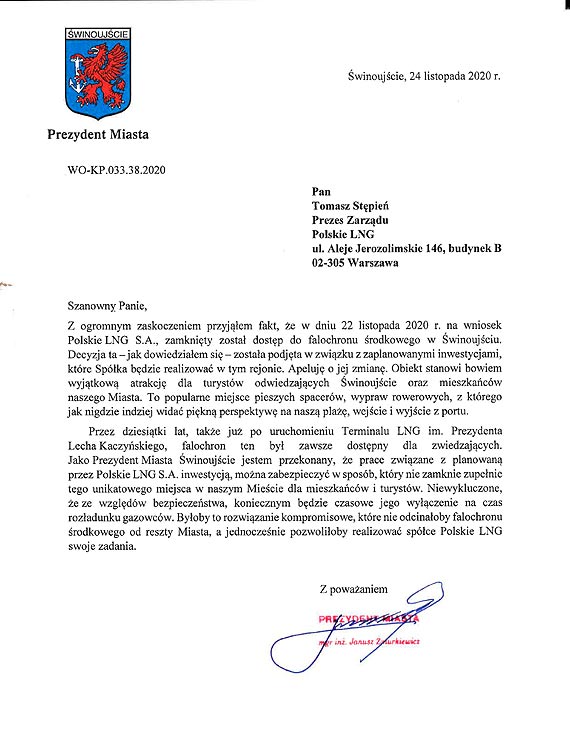 Apel Prezydenta winoujcia w sprawie falochronu