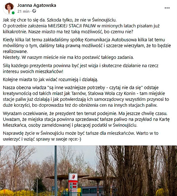 Tańsze paliwo dla mieszkańców? Agatowska proponuje: zbudujmy miejską stację paliw