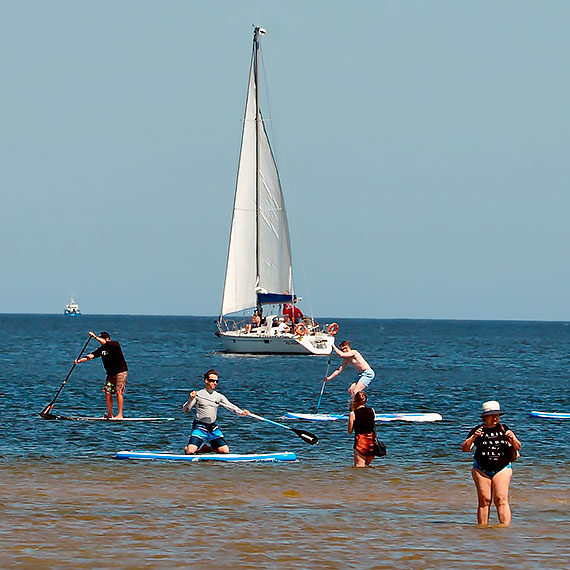 Bosak na plaży w Świnoujściu! Pływał na desce i wziął udział w otwartym spotkaniu na promenadzie