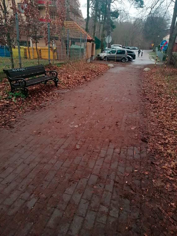 Turysta: Zaniedbany chodnik przy promenadzie. Można wywinąć orła na nieposprzątanych liściach