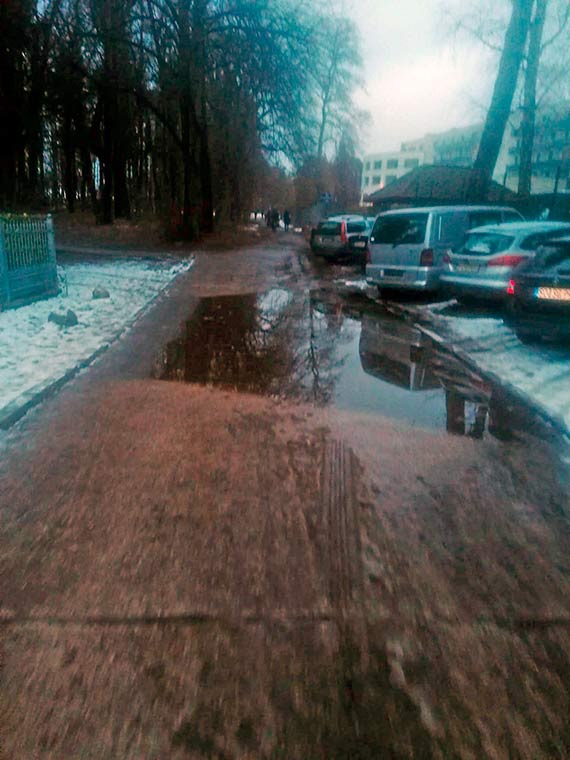 Turysta: Zaniedbany chodnik przy promenadzie. Można wywinąć orła na nieposprzątanych liściach