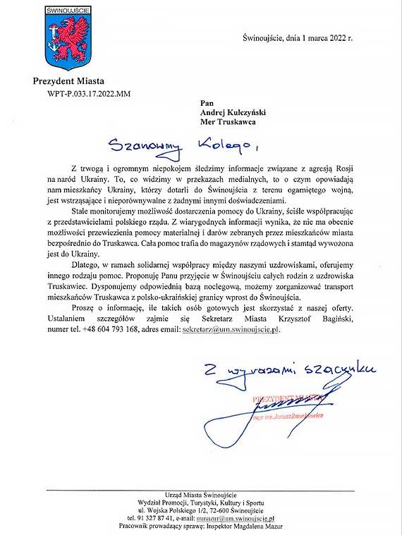 Prezydent murkiewicz do mera Truskawca: przyjmiemy Waszych mieszkacw