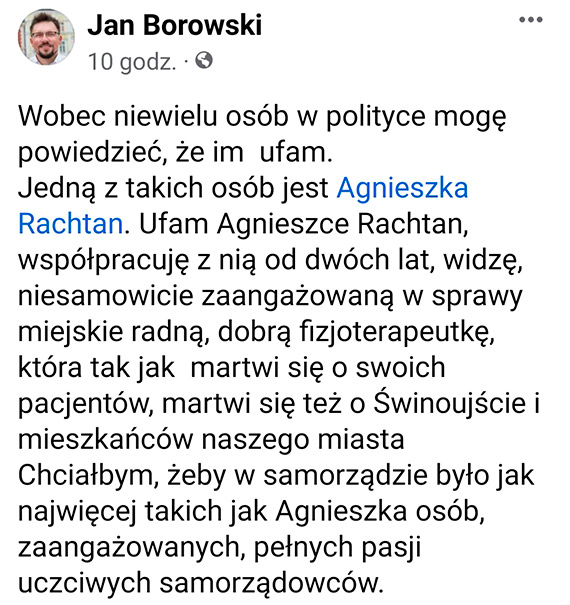 Radny Jan Borowski: Będziemy z całą mocą bronili Agnieszki Rachtan