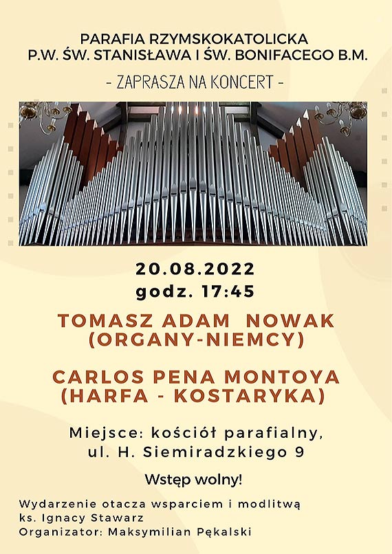 Koncert na organach i harfie  w Parafii p.w. św. Stanisława i św. Bonifacego BM