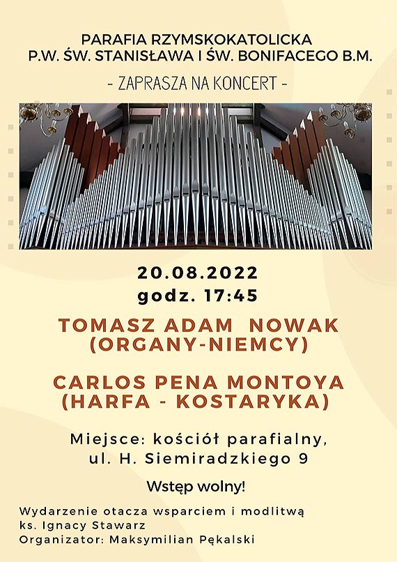 Koncert na organach i harfie  w Parafii p.w. w. Stanisawa i w. Bonifacego BM