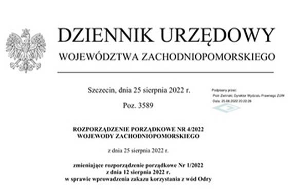 Zakaz korzystania z wd Odry przeduony do odwoania. Zakaz nie dotyczy Zalewu Szczeciskiego