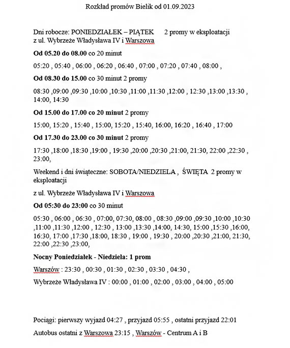 Rozkład kursów promów Bielik od 1 września