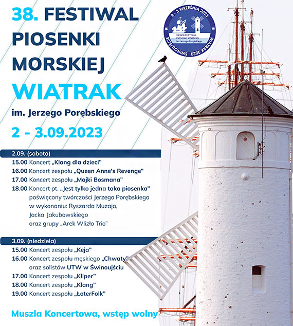 Program XXXVIII Festiwalu Piosenki Morskiej „Wiatrak 2023” im. Jerzego Porbskiego