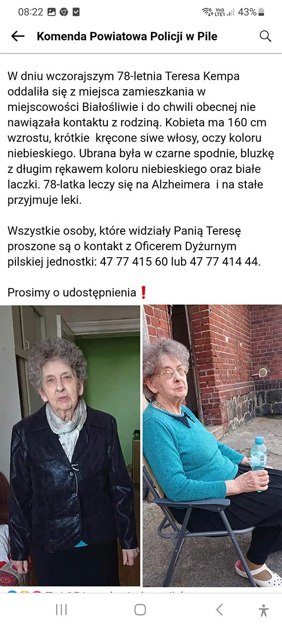 ZAGINĘŁA! Ciężko chora kobieta w wieku 78 lat - zagrożenie zdrowia i życia!